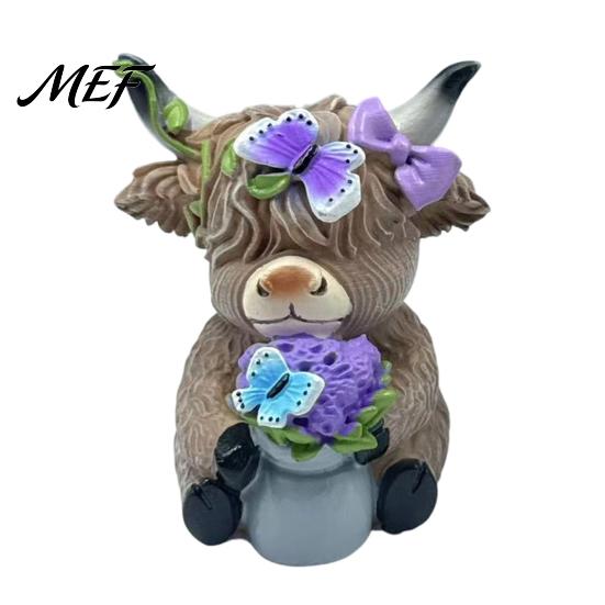 Healing Pastoral Desk Accessories Lavender Highland Cow Resin Figurine, Cute Fluffy with Butterfly Bow & Floral Wreath, Garden Accents Pastel