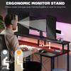 Led Computer Desk With Power Outlets And Shelves Carbon Fibre Grey