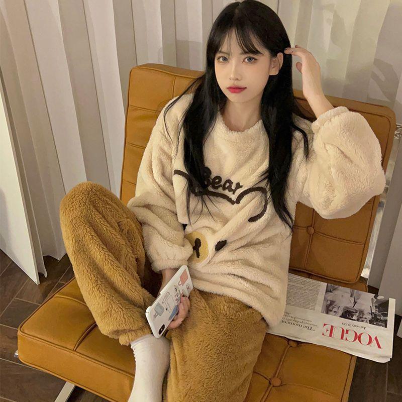 Maiden Flannel Pajamas Female Autumn Winter New Style Sweet Cardigan Can Be Worn Outside Coral Fleece Loungewear Set Pajamas