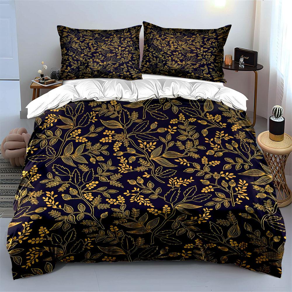 Golden Leaf Pattern Decorations Soft Skin-Friendly Bedding Set Includes 1 Duvet Cover And 2 Pillowcase Gift