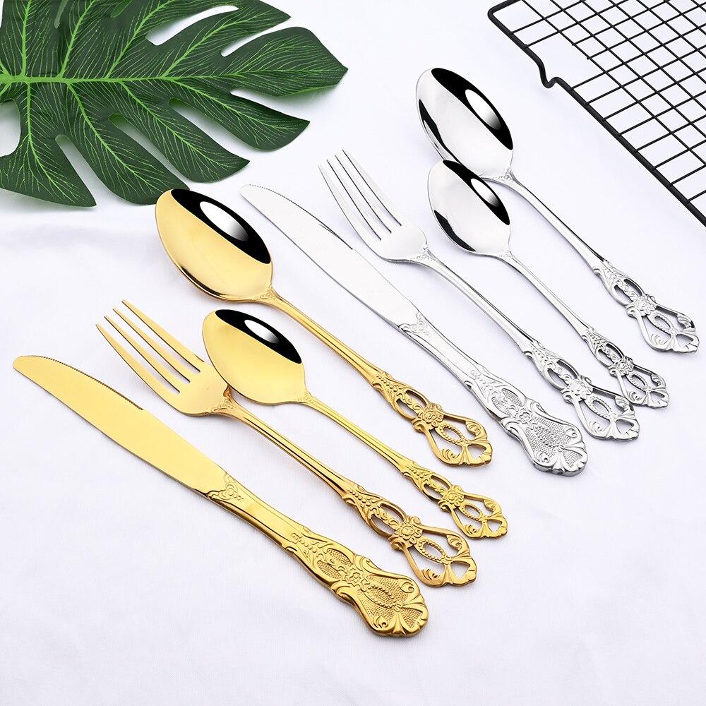 16Pcs/4Set Royal Gold Flatware Mirror Polish Stainless Steel Dinnerware Knife Fork Spoon For Wedding Housewarming Event Party