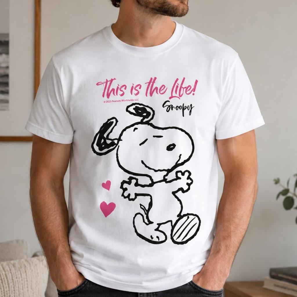 Peanuts Snoopy Spring Summer This Is The Life Happiness T-Shirt Hearts Friends Graphic Tee