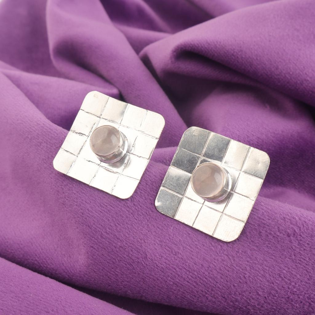 Heart Chakra Round Natural Rose Quartz Sterling Silver Stud Post Unique Earrings EE-146-32