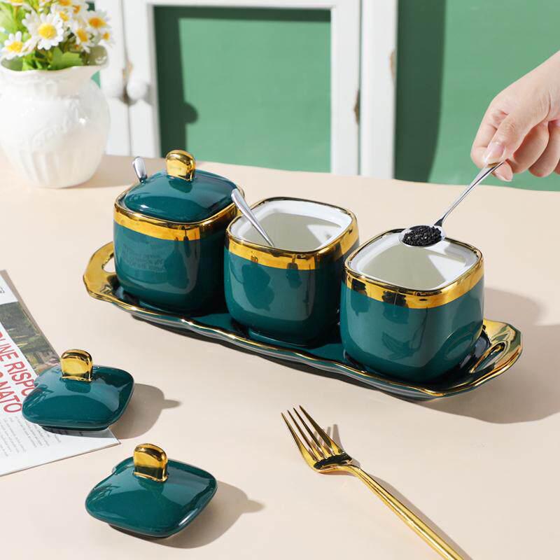 Nordic Style Ceramic Seasoning Jar Set with Gold-Edged Lids: Includes Salt Shaker & MSG Can.
