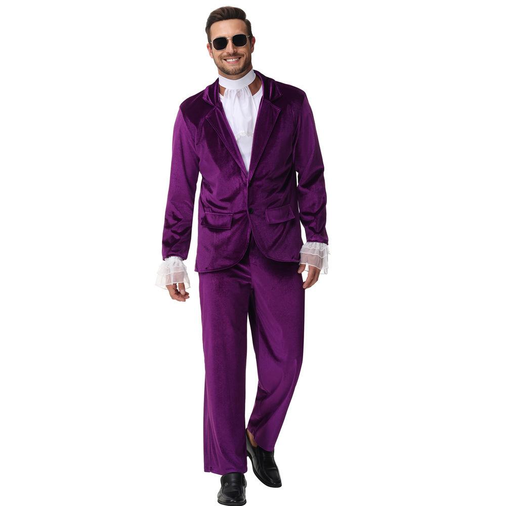 Adult Men's Purple Suit Fashion Newspaper Cosplay Austin Powers Dress Up Gentleman Walk Show