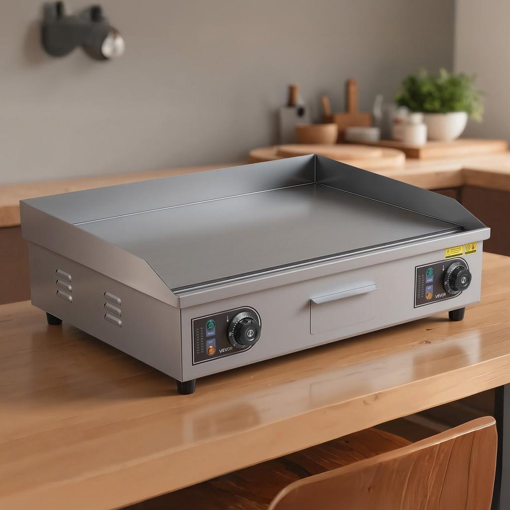 Commercial Electric Griddle, 655 x 400 mm, 4000W, 50-300°C Adjustable Temp Control, Stainless Steel Countertop Flat Top Grill with 2 Spatulas, 2