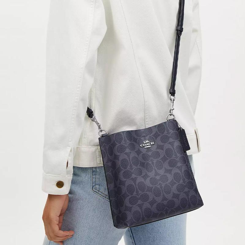 Coach Mollie Signature Coated Canvas And Leather Bucket Bag Women Bags Silver Midnight-Navy CA582-SVN2V