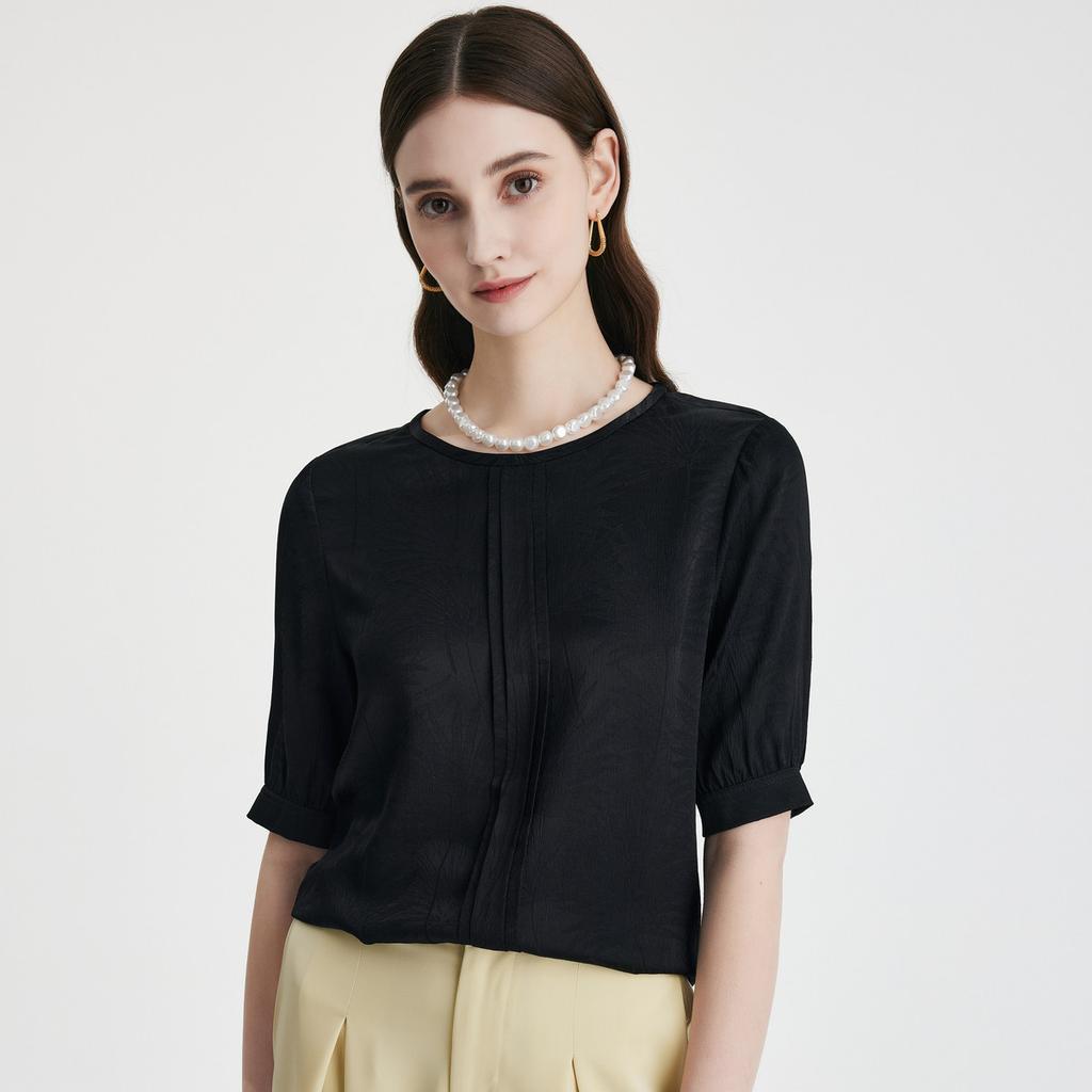 Gentle and Sweet: 100% Mulberry Silk 26 Year Spring/Summer Round Neck Aging Reduction Unique Printed Silk T-shirt for Women