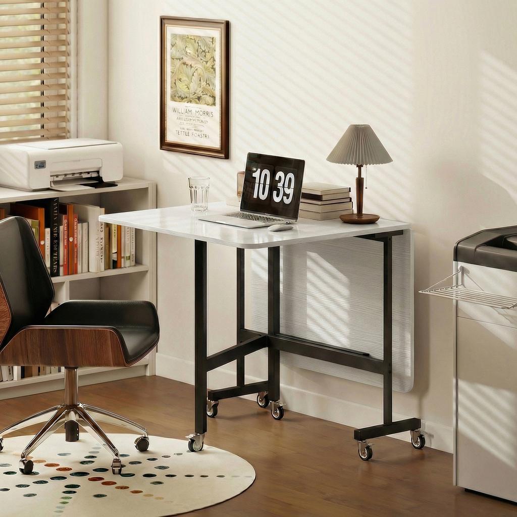 Folding Dining Table on Wheels, for 4-6, 120 cm, Wheels with Brakes, 2 Drop Leaves, White/Black