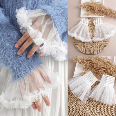 New Detachable Cuffs Pearl Lace Mesh Fake Flared Sleeves Women Pleated Flare Sleeve Ruffles Wristband Decorative Accessory