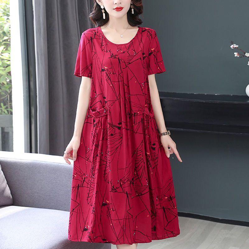 Женское летнее модное свободное хлопковое шелковое платье большого размера с короткими рукавами и цветочным принтом, темпераментные платья трапециевидной формы