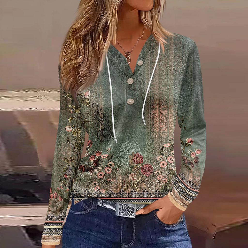 Жен. Футболка Футболка Пуговицы Цветочный принт Длинный рукав Повседневные Выходные Мода Классический Классический V-образный вырез Обычный Топ
