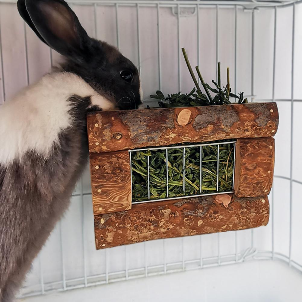 Rabbit Natural Wooden Grass Shelf 304 Stainless Steel Net Hay Dispenser Hanging Hay Feeder For Guinea Pig