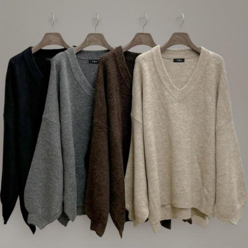 New ArriVals Open Run Women Balloon Fit V Neck Knit Asymmetrical Long sleeVe