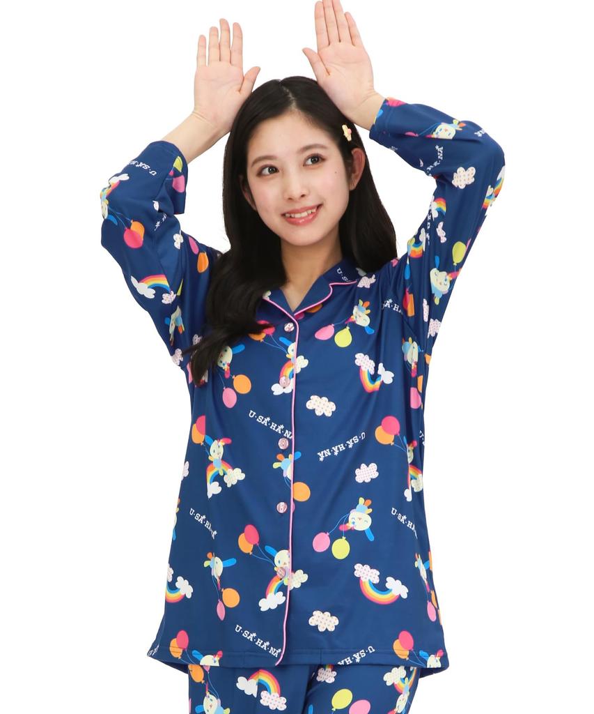 Usahana Shirt Powder Long Long Top and Bottom Room Loungewear [SAZAC] Pajamas, Stretch, Women's, Sleeves, Pants, Set, Wear, (Navy/M/SAN1914)