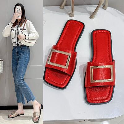 Новая корейская версия плоских тапочек для женщин: сандалии Fairy Wind Seaside с квадратным носком и шлепанцы с открытым носком