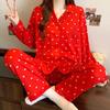 Spring Faux Cotton Women's Pajamas Set Lapel Button Cardigan Lounges Senior Red Love Heart Fashion Home Clothes