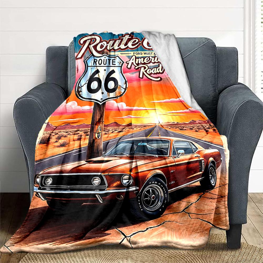 1pc Route 66 Flannel Blanket [Cozy Throw Blanket] For Sofa, Bed, Travel, Camping, Livingroom, Office, Couch, Chair, And Bed