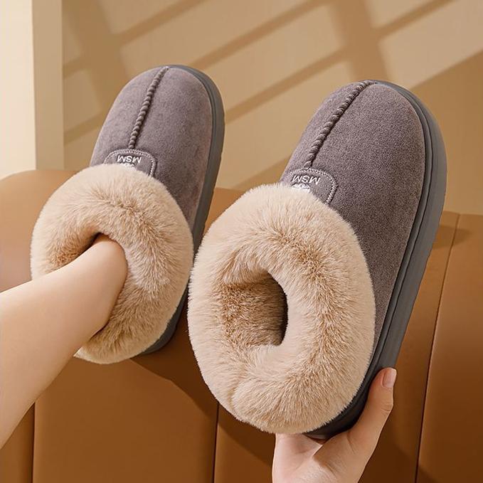 Женские зимние тапочки из хлопка с каблуком-мешком, высокие зимние сапоги из плюша с интегрированным мехом и теплая домашняя хлопковая обувь