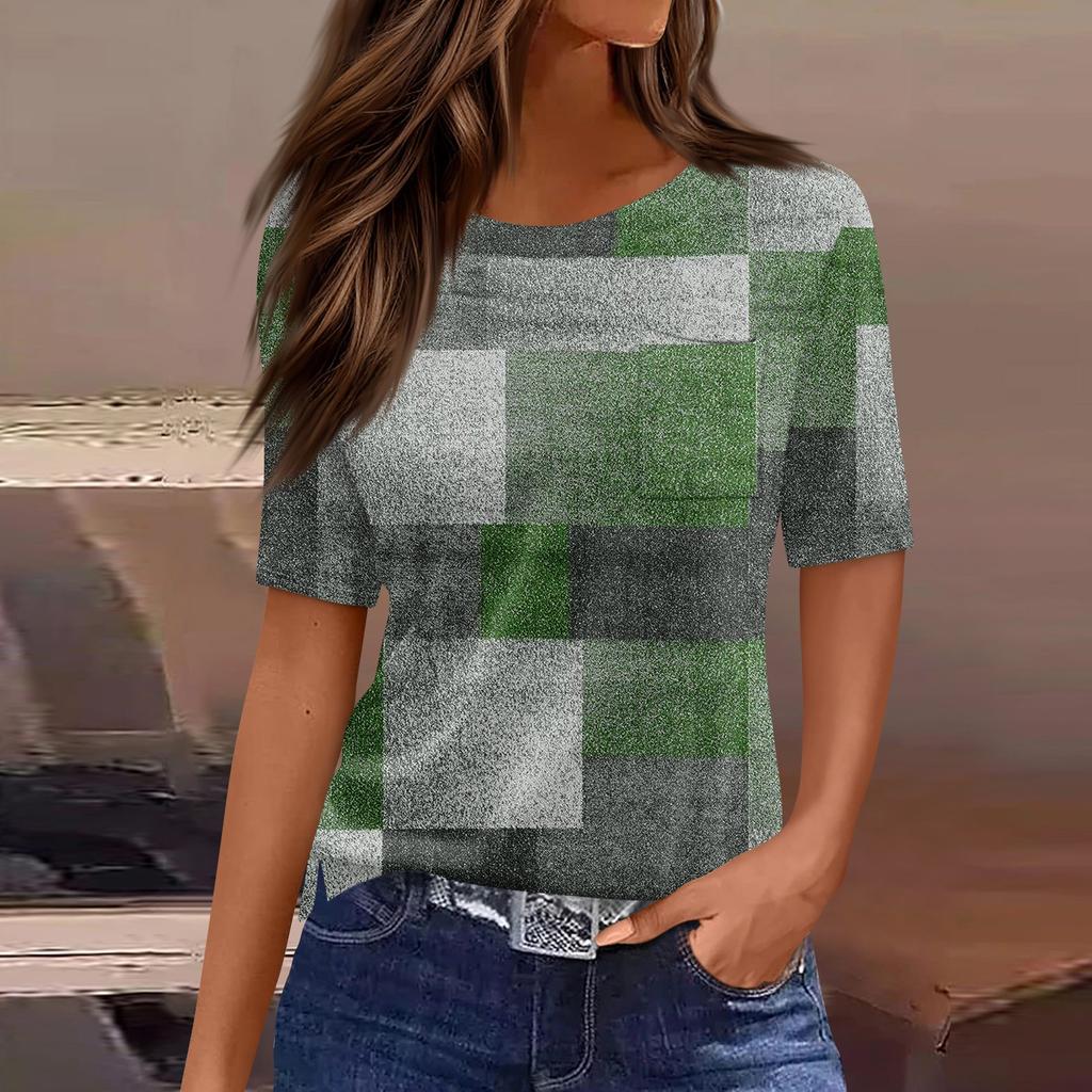 Футболки для женщин, плиссированные, с круглым вырезом, нарядные, повседневные, блузки с принтом, с коротким рукавом, летние топы, свободный крой