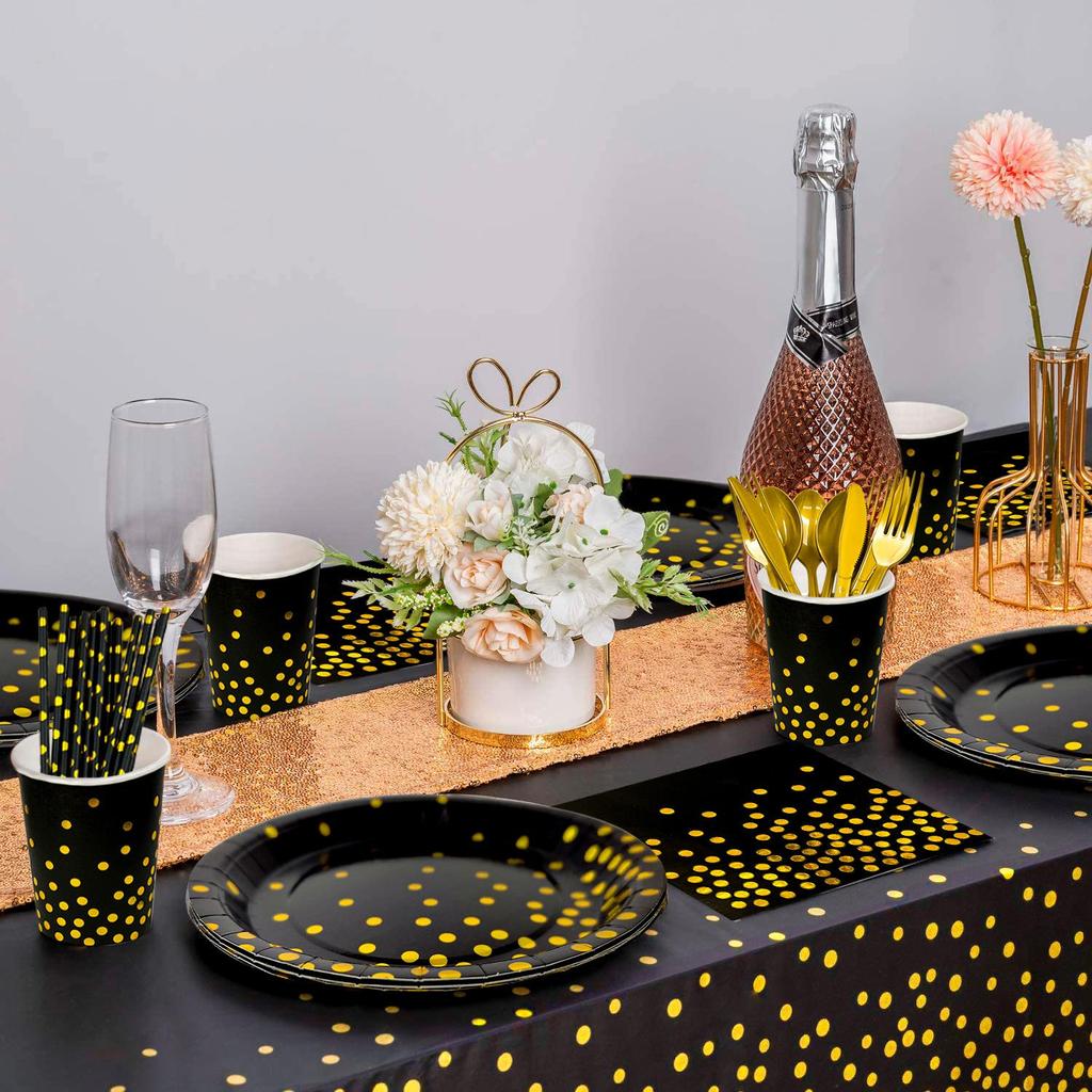 193pcs Black Gold Party Tableware, Black and Gold Dot Paper Party Tableware Set - Black and Gold Paper Plates and Cups Napkins Tablecloth etc