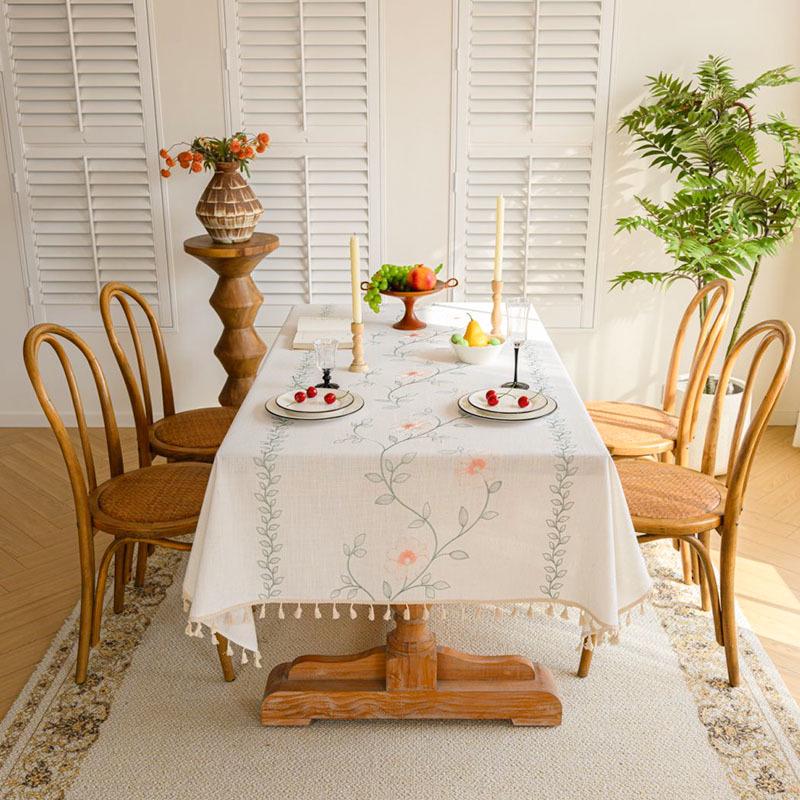Ying Cross-Border Cotton Linen Embroidered Tablecloth, French Retro American Style, Rectangular.