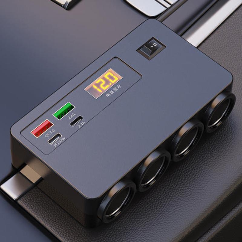 Многофункциональное автомобильное зарядное устройство 120 Вт, USB/Type-C, Быстрая зарядка, Четыре интерфейса преобразования, С цифровым дисплеем напряжения