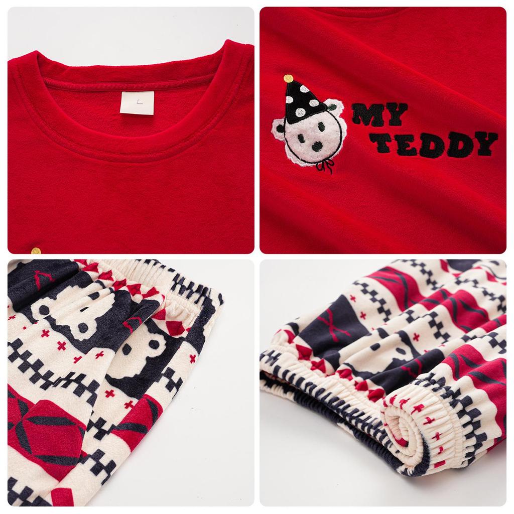 Женская Рождественская пижама с плюшевым мишкой из красного велюра - Теплая, дышащая, повседневная домашняя одежда из кораллового флиса для осени, зимы, весны