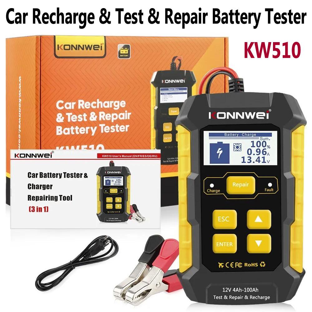 KONNWEI KW510 полностью автоматический тестер автомобильного аккумулятора 12 В импульсный ремонт 5А зарядные устройства для аккумуляторов влажный и сухой AGM гель свинцово-кислотный инструмент для ремонта автомобиля