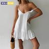 Платье Женское Сексуальное На Тонких Бретелях С Оборками Летнее Платье 2025 Хлопок Лен Vestidos Зеленые Платья С Открытыми Плечами Сексуальное Мини Летнее Платье