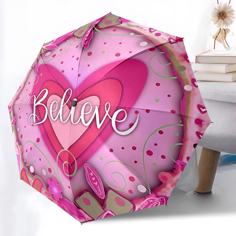 1pc Believe Heart Decorative Auto-Fold Umbrella with One-Touch Open/Close - 8 Reinforced Ribs for Windproof Stability, yy251118170