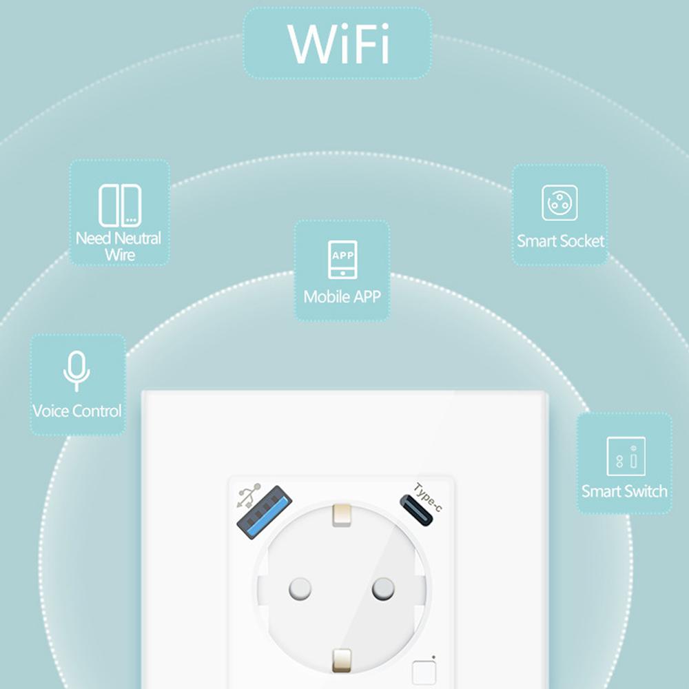 Умная настенная розетка Tuya Type-C WiFi с монитором энергопотребления, USB, EU вилка, управление через приложение, беспроводное дистанционное управление, работа с Alexa, Google Home