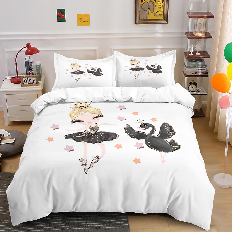 Ballet Dancer Girl Duvet Cover Set White Princess Bedding Set Cute Cartoon Bedclothes Queen King Size Polyester Comforter Cover
