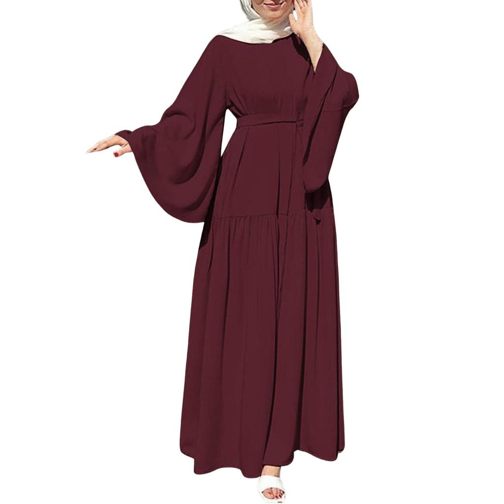 Мусульманские женские платья для отпуска с расклешенными рукавами и поясом на подоле, длинные