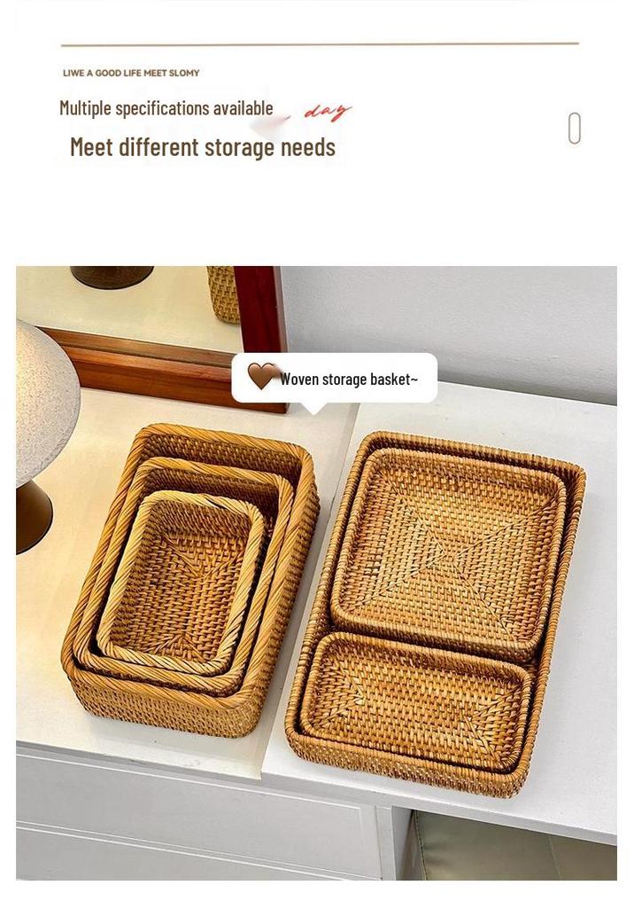 Hand-Woven Natural Rattan Storage Basket for Cosmetics and Desktop Organizing with a Retro High-End Feel