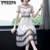 Elegant Lace Print A Line Dress Female Summer Waist High-end Celebrity Temperament Goddess Round Neck Net Yarn Medium-length Dresses