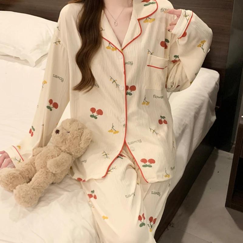 Японский принт с изображением сладких вишен, женская домашняя пижама, модная молочная шелковая мятая ткань, повседневная ночная рубашка, новая весенняя одежда для сна