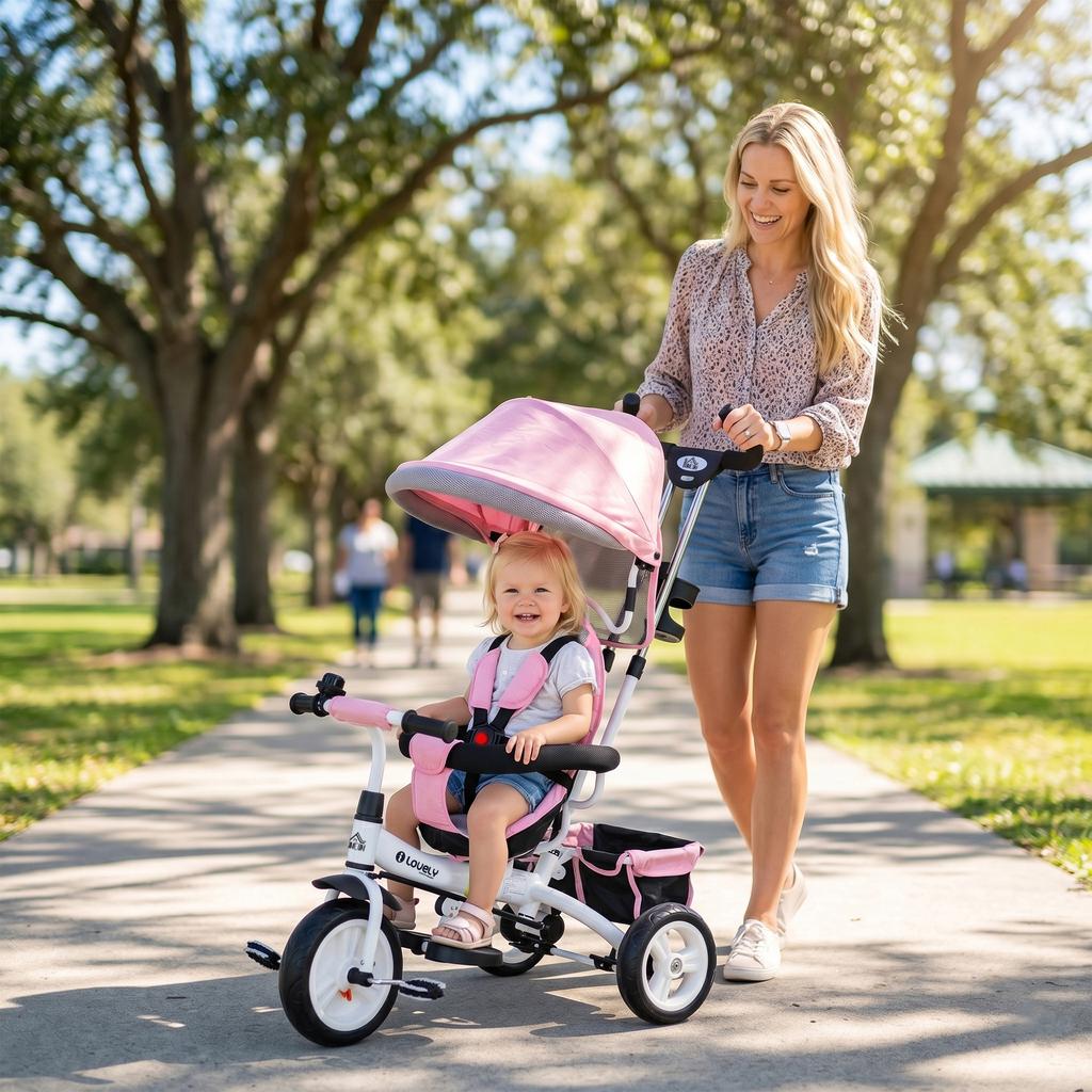 Evolutionary Tricycle, 12+ Months, Foldable Canopy, Telescopic Push Handle, Safety Belt, Pink