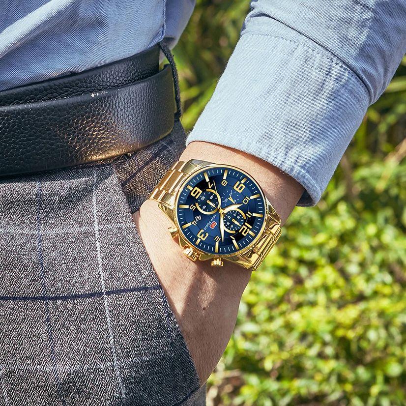 MINI FOCUS Man Watches Luxury Gold Business Stainless Steel Waterproof Complete Calendar Clock Quartz Watch Reloj Hombre 0278G
