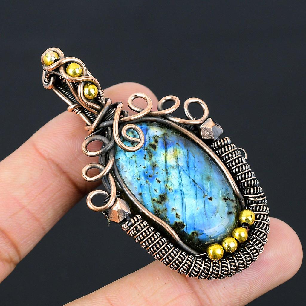 Labradorite Gemstone Pure Copper Wire Wrapped Handmade Pendant Jewelry Gift For Her