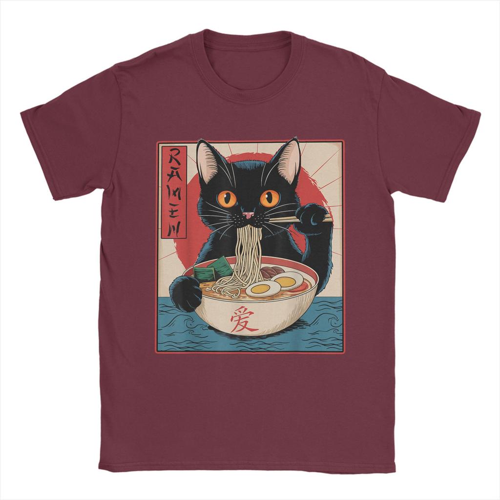 Men Japanese Black Cat Ramen T Shirt Kawaii Noodle Cat Cotton Clothes Humor Short Sleeve Round Collar Tees Gift Idea T-Shirt