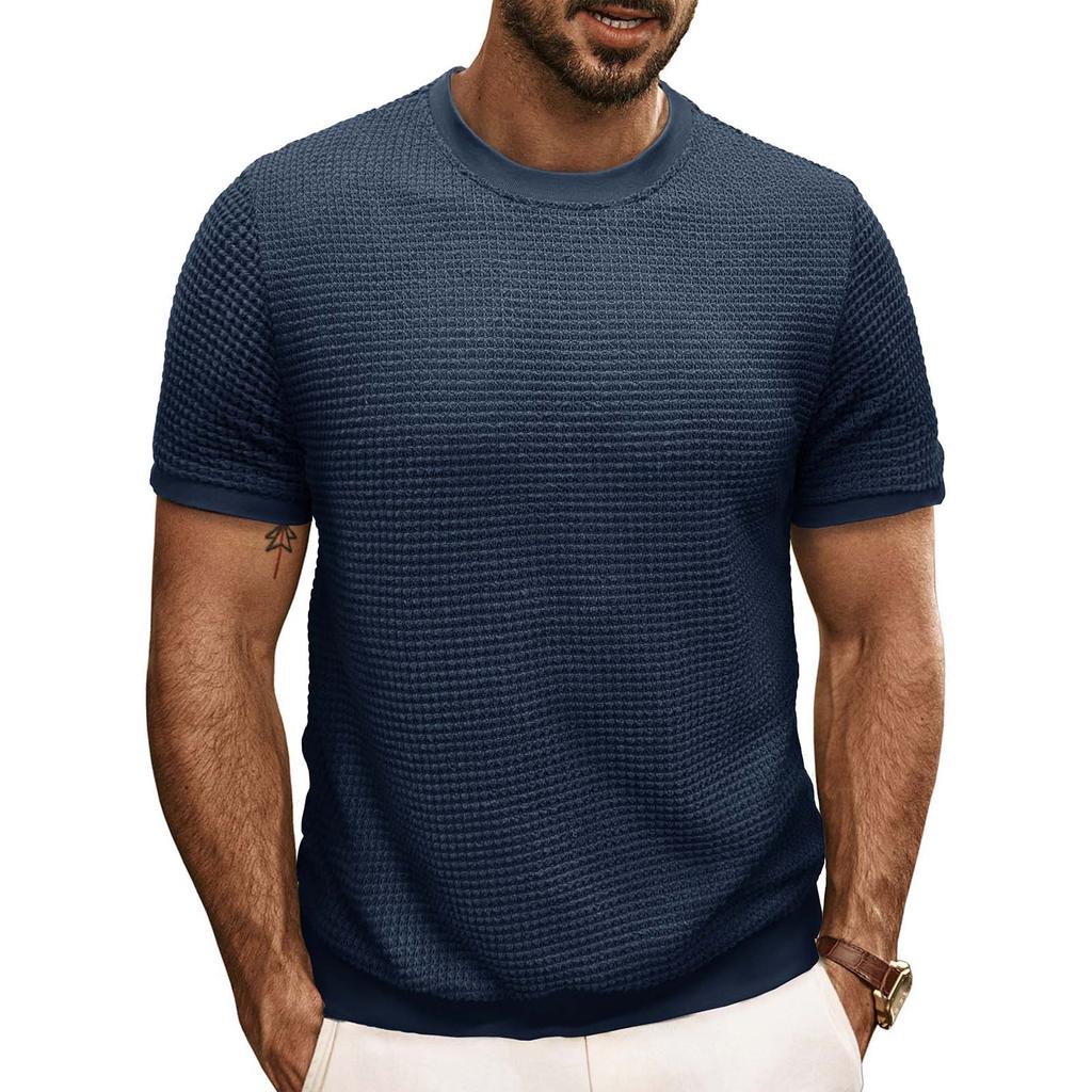 Men's Short Sleeved Knitted T-shirt Top With Round Neck Ribbed Pullover
