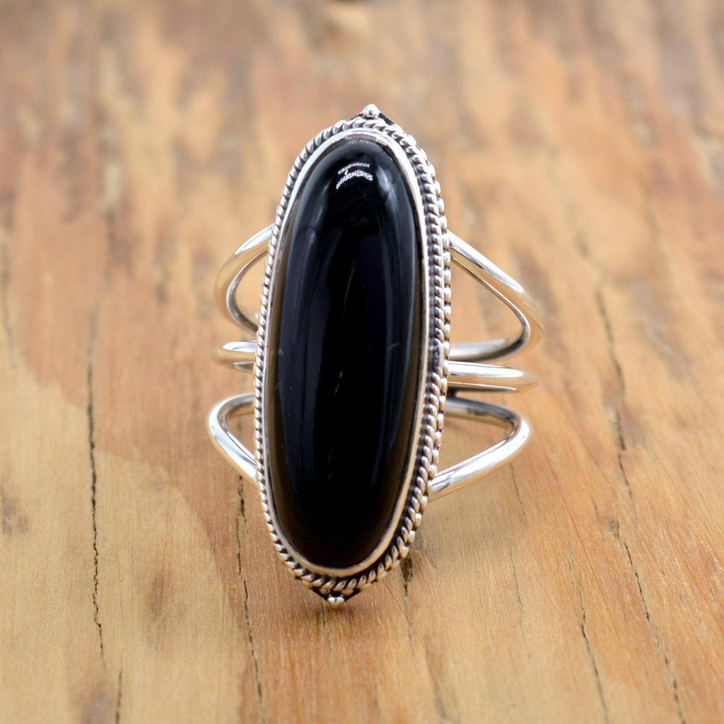 Женские кольца с черным ониксом и драгоценными камнями, эффектное кольцо из серебра 925 пробы с длинным драгоценным камнем