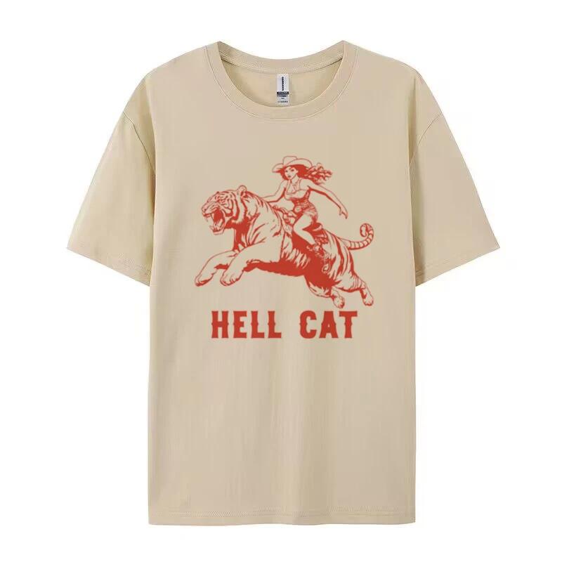 Женские футболки с графическим принтом Hell Cat Tiger Print Хиппи Смешные футболки Винтажные Западные Ковбойские Футболки FeУнисекс Эстетичные Ретро Бохо Топы