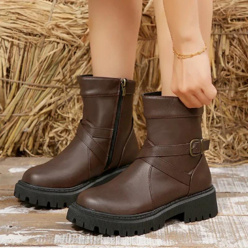 Модные кожаные ботильоны на молнии сбоку для женщин, трансграничные, с круглым носком, на толстой подошве, с ремешком и пряжкой, кожаные ботинки для верховой езды