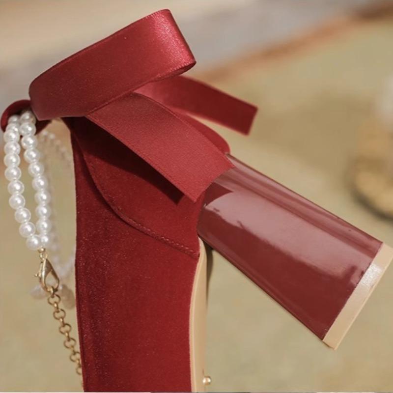 Fashion Women Fad High Heels Pearl Bow Strap Premium Suede High Heels Square Head Thick Heel Wedding Shoes High Quality Bridesmaid Shoes
