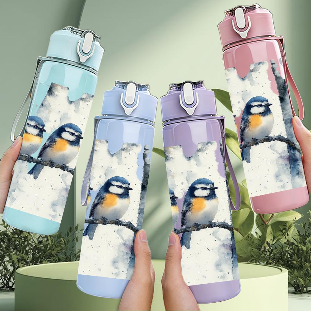 1PC Two Birds Birch Tree Branch 750ml Color Plastic Sports Water Bottle Leakproof Flip Straw Lid Suitable for Sports Office Home Use