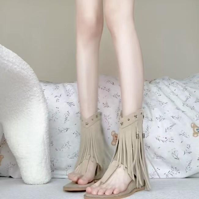 Rivet tassel cool boots women's 2026 new inner slope heel toe boroma summer simian sandals