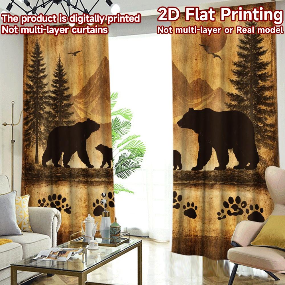 2D FLAT PRINTING 2pcs Curtains (Without Rod) Bear Family in Forest Popular Minimalist Curtains Machine Washable Fabric Curtains