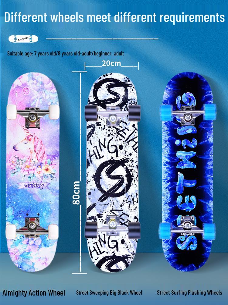 Pro Skateboard: Beginner-Ready Maple Longboard with Double Kick Deck for Adults & Kids